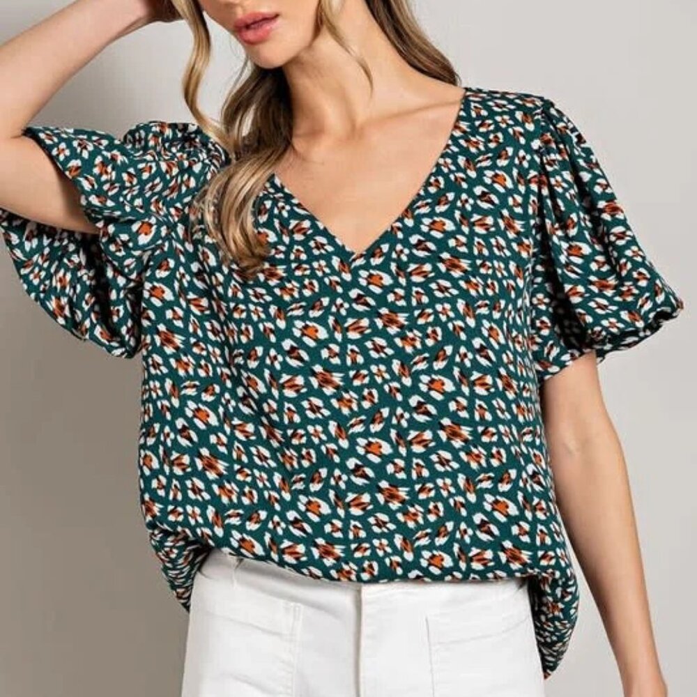 V Neck Print Short Sleeve Top - Kelly Green